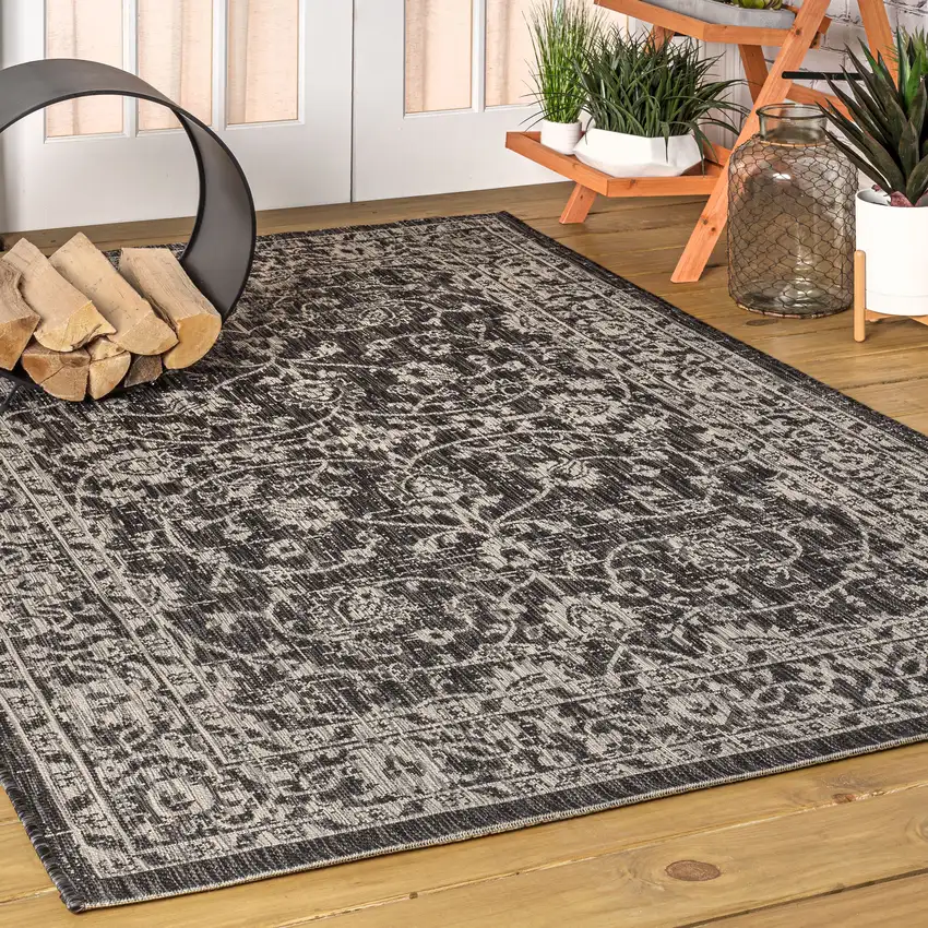 Black And Gray Medallion Indoor Outdoor Area Rug Photo 6