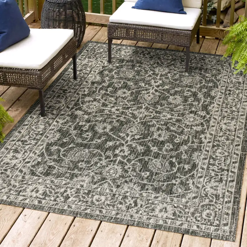 Black And Gray Medallion Indoor Outdoor Area Rug Photo 8