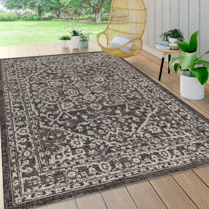 Black And Gray Medallion Indoor Outdoor Area Rug Photo 8