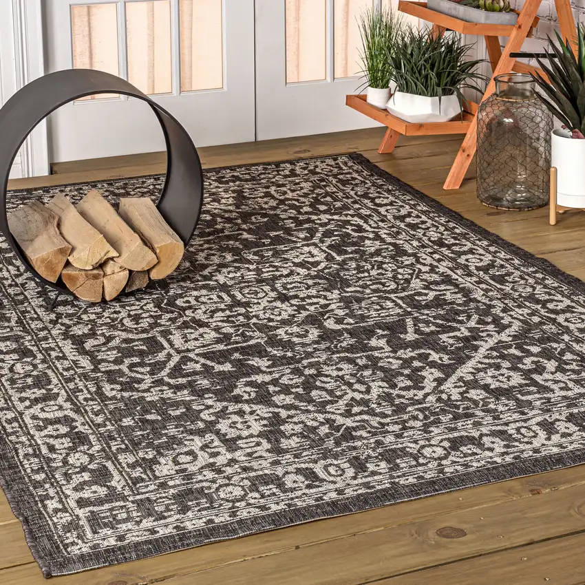 Black And Gray Medallion Indoor Outdoor Area Rug Photo 5