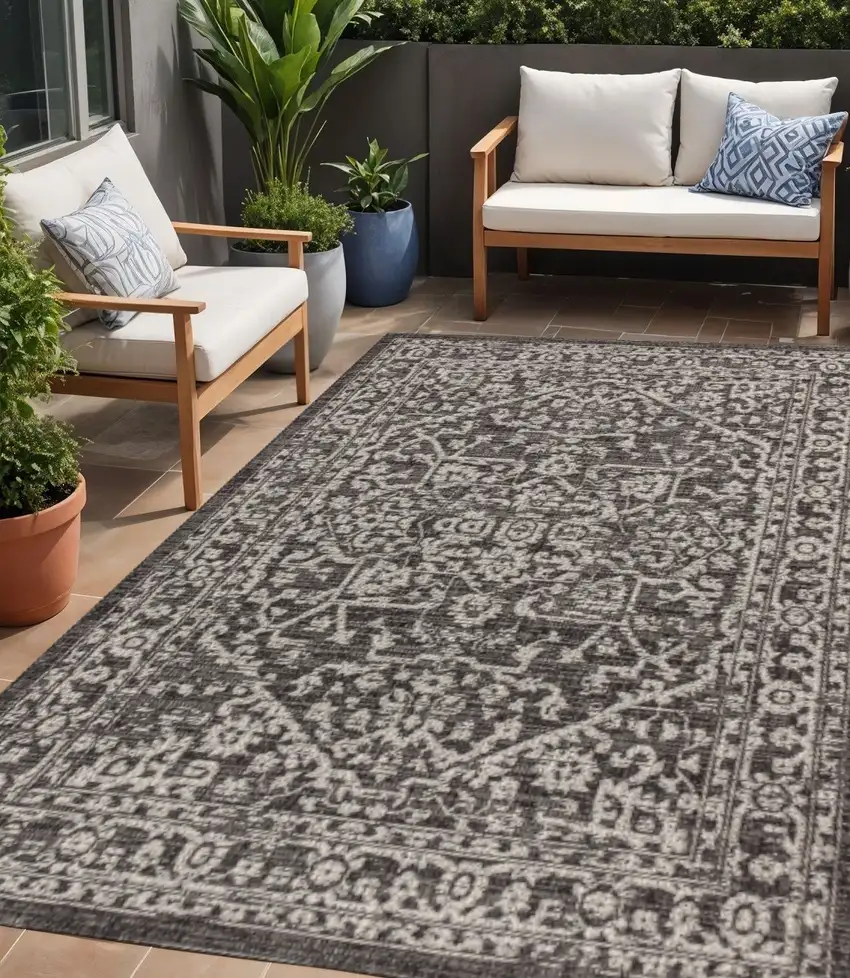 Black And Gray Medallion Indoor Outdoor Area Rug Photo 1