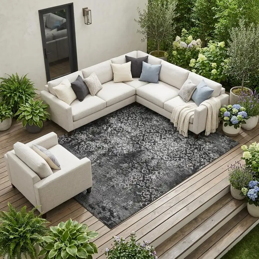 Black And Gray Oriental Washable Indoor Outdoor Area Rug Photo 1