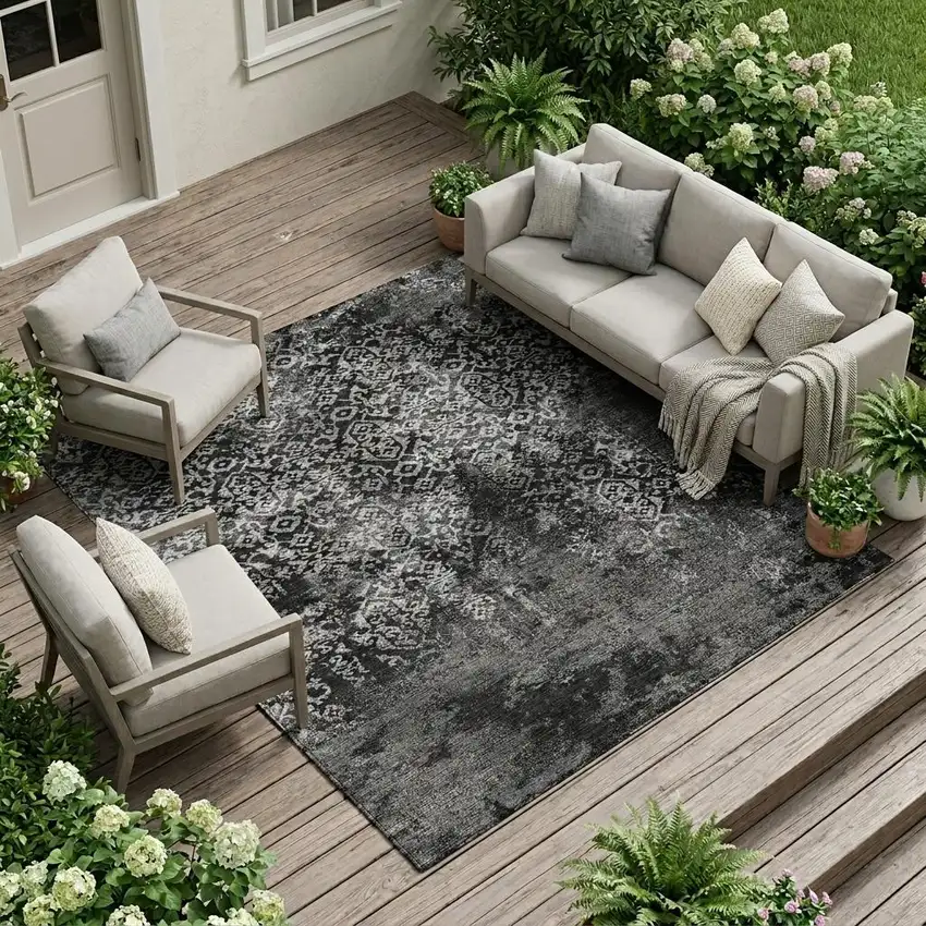 Black And Gray Oriental Washable Indoor Outdoor Area Rug Photo 1