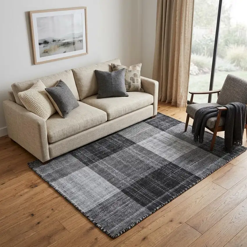 Black And Gray Plaid Hand Loomed Area Rug Photo 1