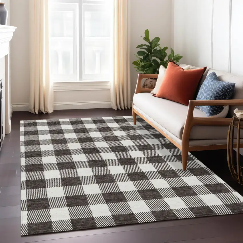 Black And Gray Plaid Washable Indoor Outdoor Area Rug Photo 9