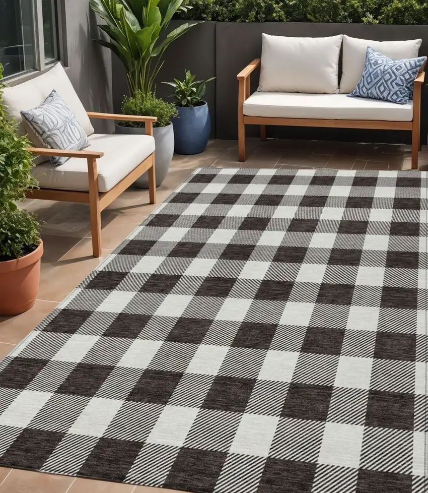 Black And Gray Plaid Washable Indoor Outdoor Area Rug Photo 1