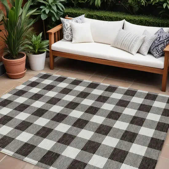 Black And Gray Plaid Washable Indoor Outdoor Area Rug Photo 1