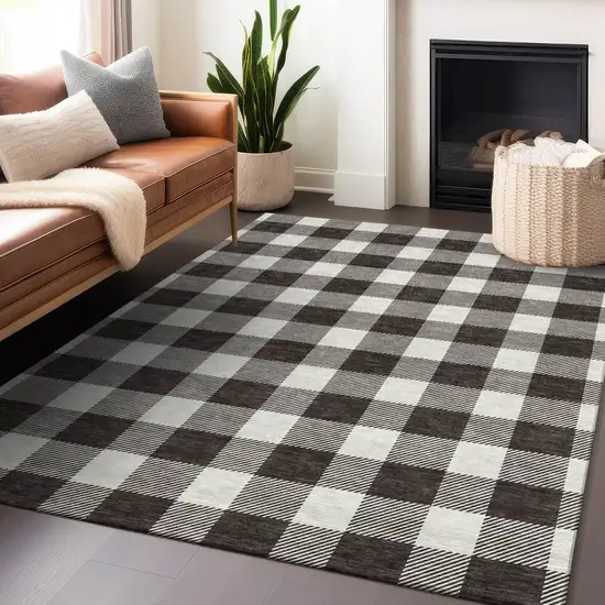 Black And Gray Plaid Washable Indoor Outdoor Area Rug Photo 9