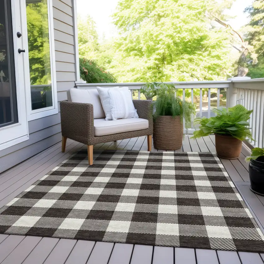 Black And Gray Plaid Washable Indoor Outdoor Area Rug Photo 8