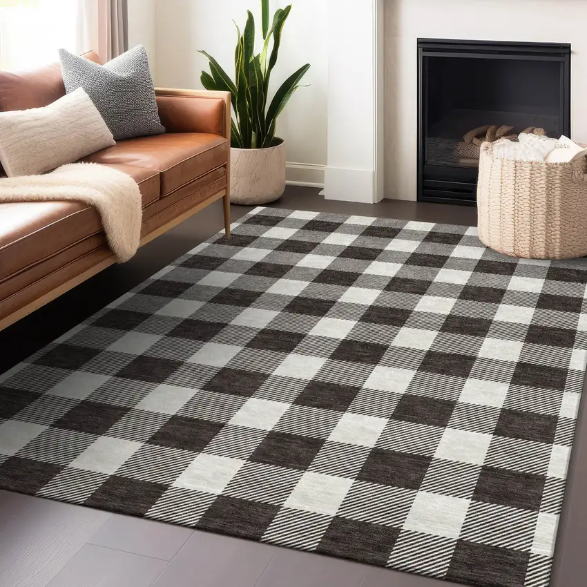 Black And Gray Plaid Washable Indoor Outdoor Area Rug Photo 9