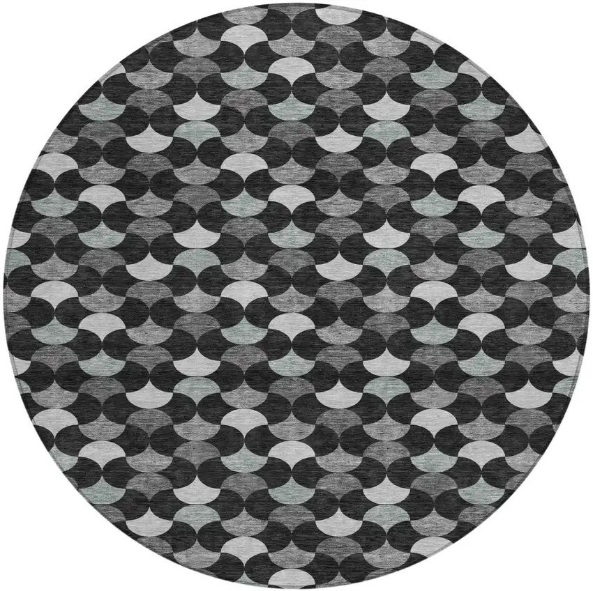 Black And Gray Round Geometric Washable Indoor Outdoor Area Rug Photo 1