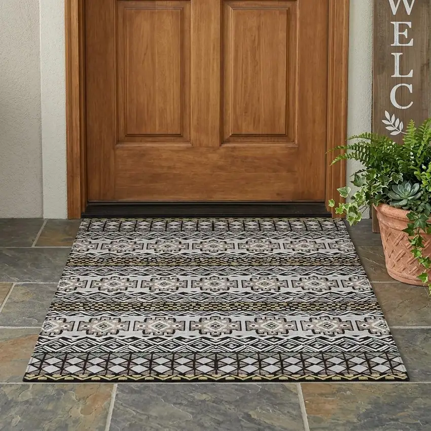 Black And Gray Striped Washable Indoor Outdoor Area Rug Photo 1