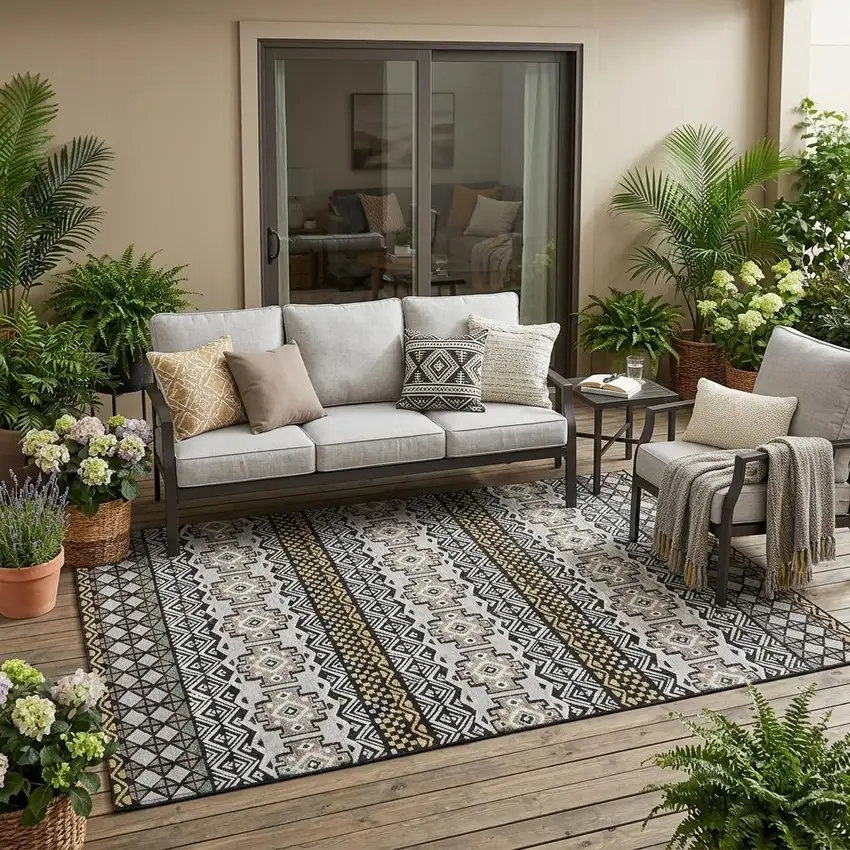 Black And Gray Striped Washable Indoor Outdoor Area Rug Photo 1