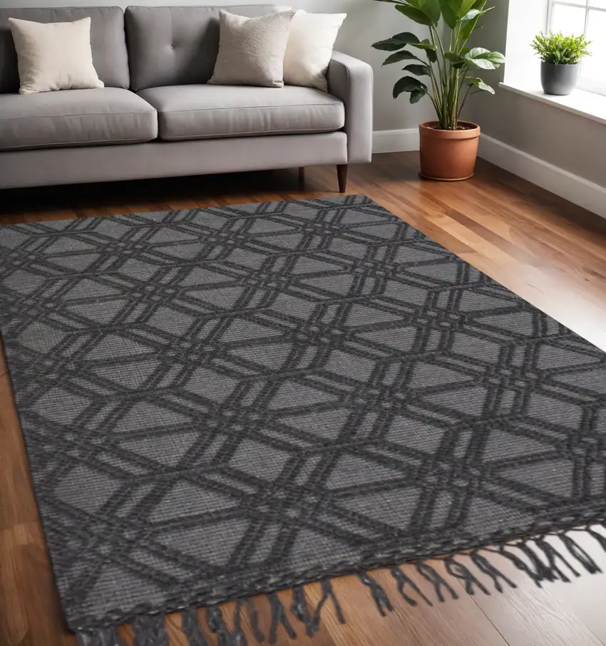 Black and Gray Wool Geometric Hand Woven Area Rug With Fringe Photo 1