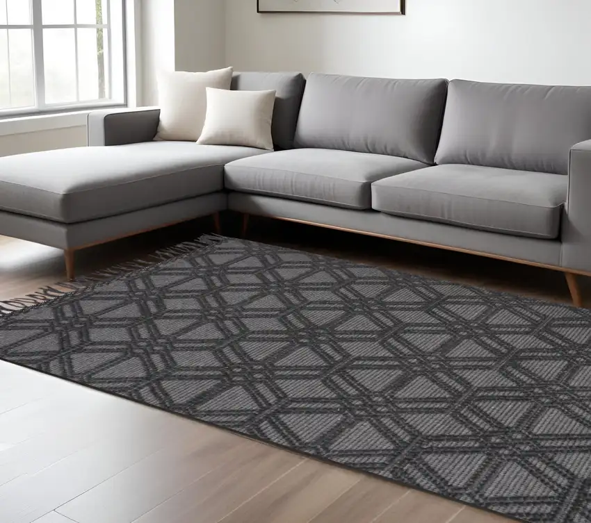 Black and Gray Wool Geometric Hand Woven Area Rug With Fringe Photo 1