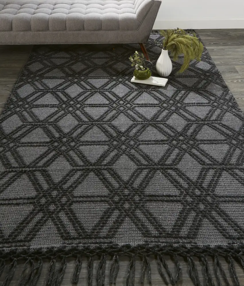 Black And Gray Wool Geometric Hand Woven Area Rug With Fringe Photo 6