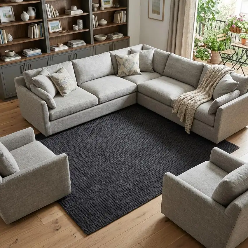Black And Gray Wool Hand Knotted Area Rug Photo 1