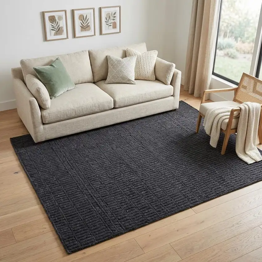 Black And Gray Wool Hand Knotted Area Rug Photo 1