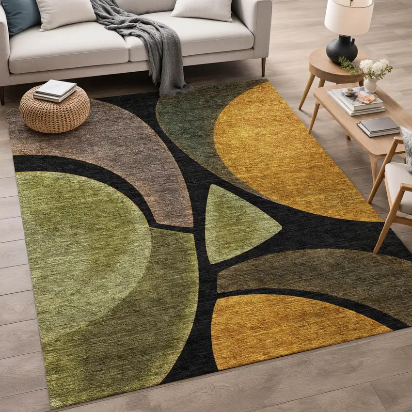 Black And Green Abstract Washable Indoor Outdoor Area Rug Photo 5