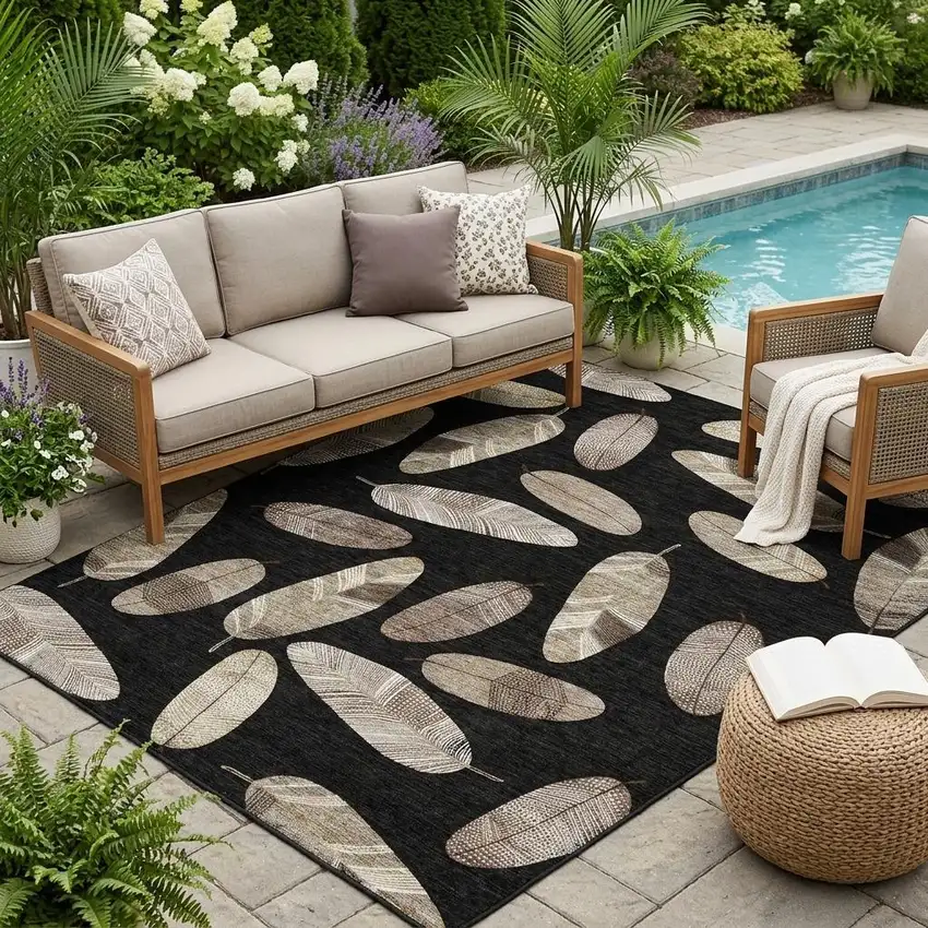 Black And Green Botanical Leaves Washable Indoor Outdoor Area Rug Photo 1