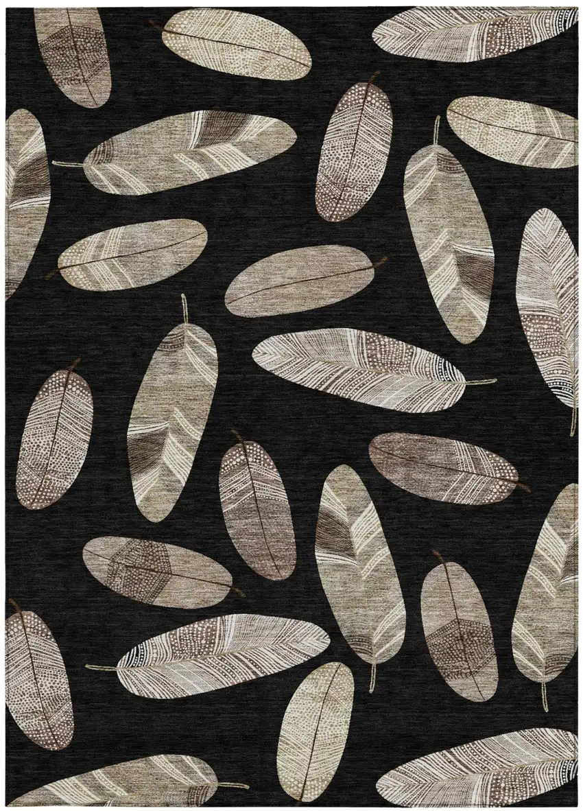 Black And Green Botanical Leaves Washable Indoor Outdoor Area Rug Photo 3