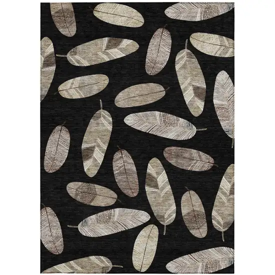 Black And Green Botanical Leaves Washable Indoor Outdoor Area Rug Photo 3