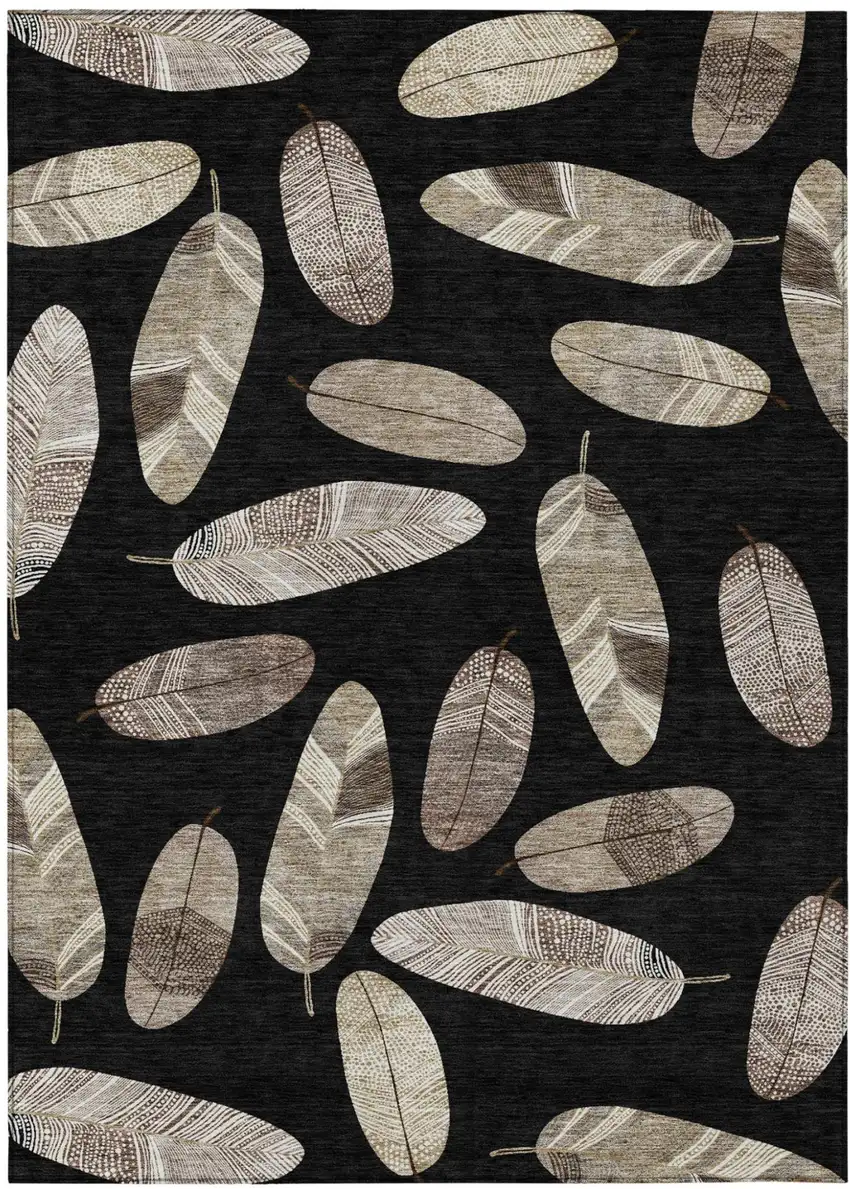 Black And Green Botanical Leaves Washable Indoor Outdoor Area Rug Photo 2