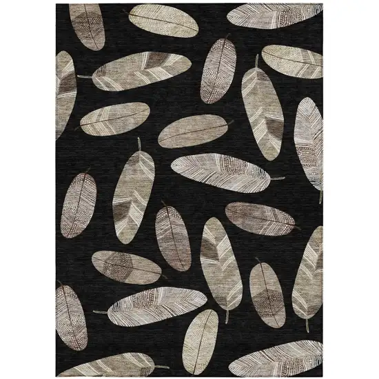 Black And Green Botanical Leaves Washable Indoor Outdoor Area Rug Photo 4