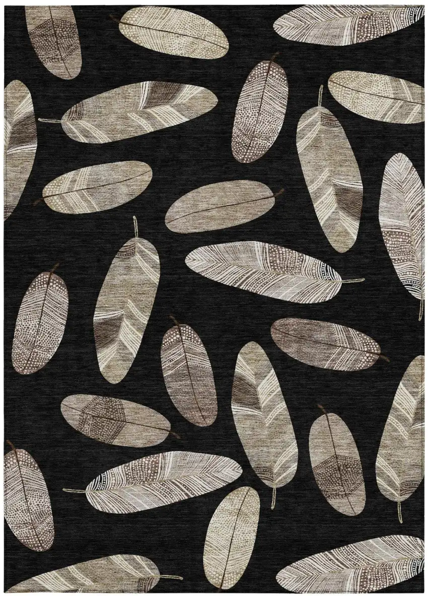 Black And Green Botanical Leaves Washable Indoor Outdoor Area Rug Photo 4