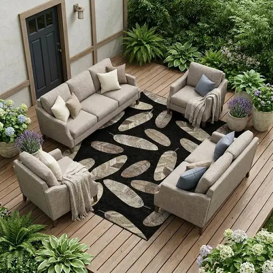 Black And Green Botanical Leaves Washable Indoor Outdoor Area Rug Photo 1