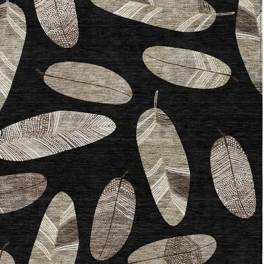 Black And Green Botanical Leaves Washable Indoor Outdoor Area Rug Photo 5
