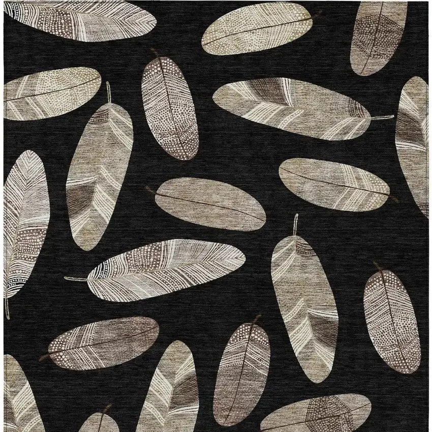 Black And Green Botanical Leaves Washable Indoor Outdoor Area Rug Photo 4