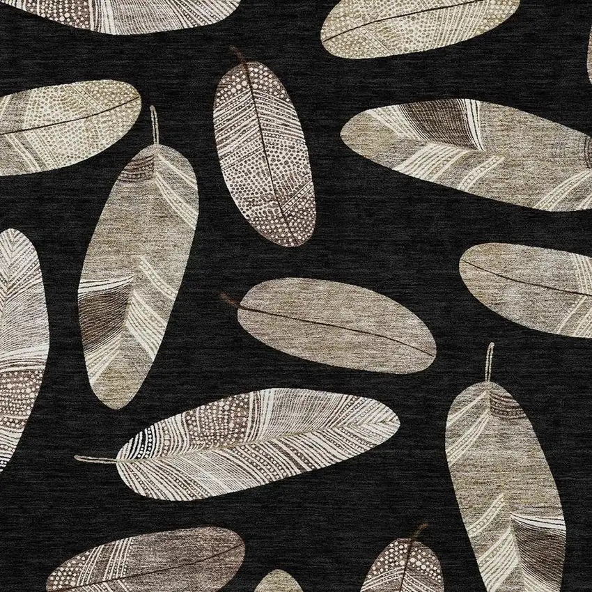 Black And Green Botanical Leaves Washable Indoor Outdoor Area Rug Photo 3