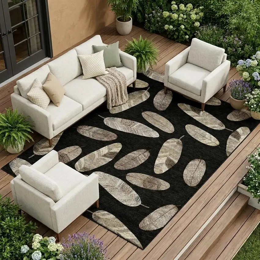 Black And Green Botanical Leaves Washable Indoor Outdoor Area Rug Photo 1