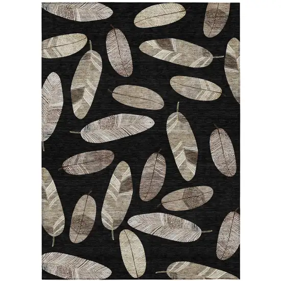 Black And Green Botanical Leaves Washable Indoor Outdoor Area Rug Photo 2