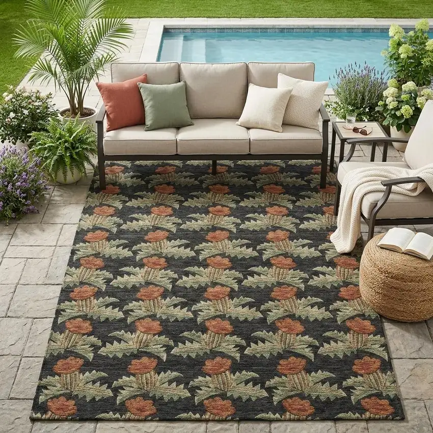 Black And Green Floral Washable Indoor Outdoor Area Rug Photo 1