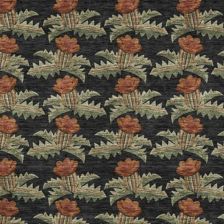 Black And Green Floral Washable Indoor Outdoor Area Rug Photo 5