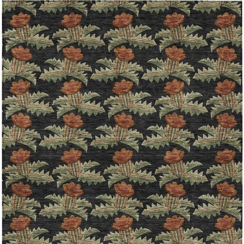 Black And Green Floral Washable Indoor Outdoor Area Rug Photo 4