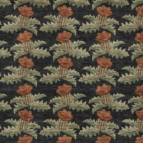 Black And Green Floral Washable Indoor Outdoor Area Rug Photo 3