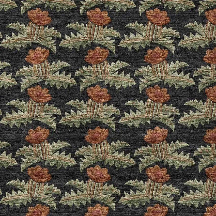 Black And Green Floral Washable Indoor Outdoor Area Rug Photo 3
