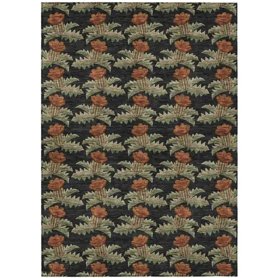 Black And Green Floral Washable Indoor Outdoor Area Rug Photo 2
