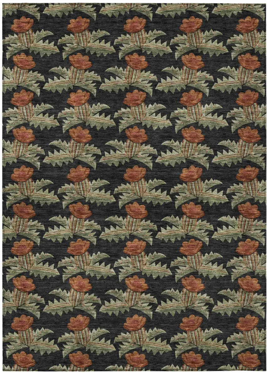 Black And Green Floral Washable Indoor Outdoor Area Rug Photo 2