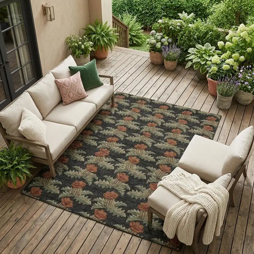 Black And Green Floral Washable Indoor Outdoor Area Rug Photo 1