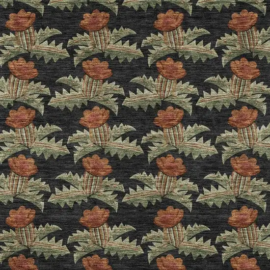 Black And Green Floral Washable Indoor Outdoor Area Rug Photo 5