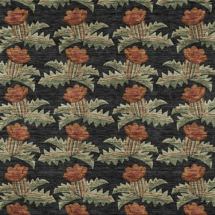 Black And Green Floral Washable Indoor Outdoor Area Rug Photo 5