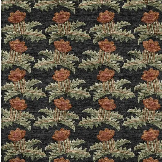 Black And Green Floral Washable Indoor Outdoor Area Rug Photo 3