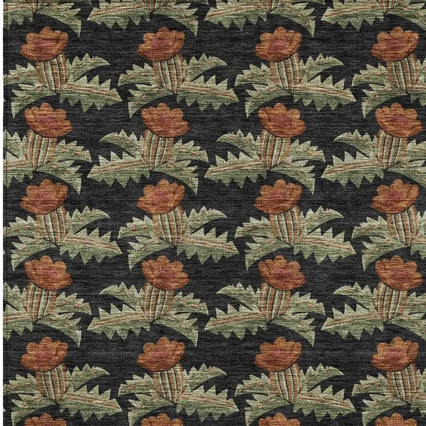 Black And Green Floral Washable Indoor Outdoor Area Rug Photo 3
