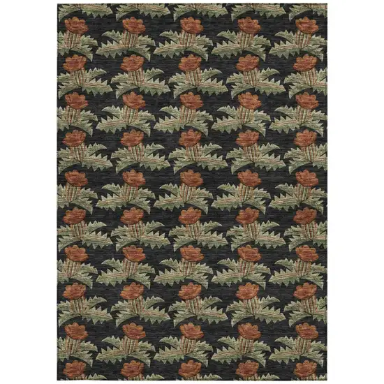 Black And Green Floral Washable Indoor Outdoor Area Rug Photo 4