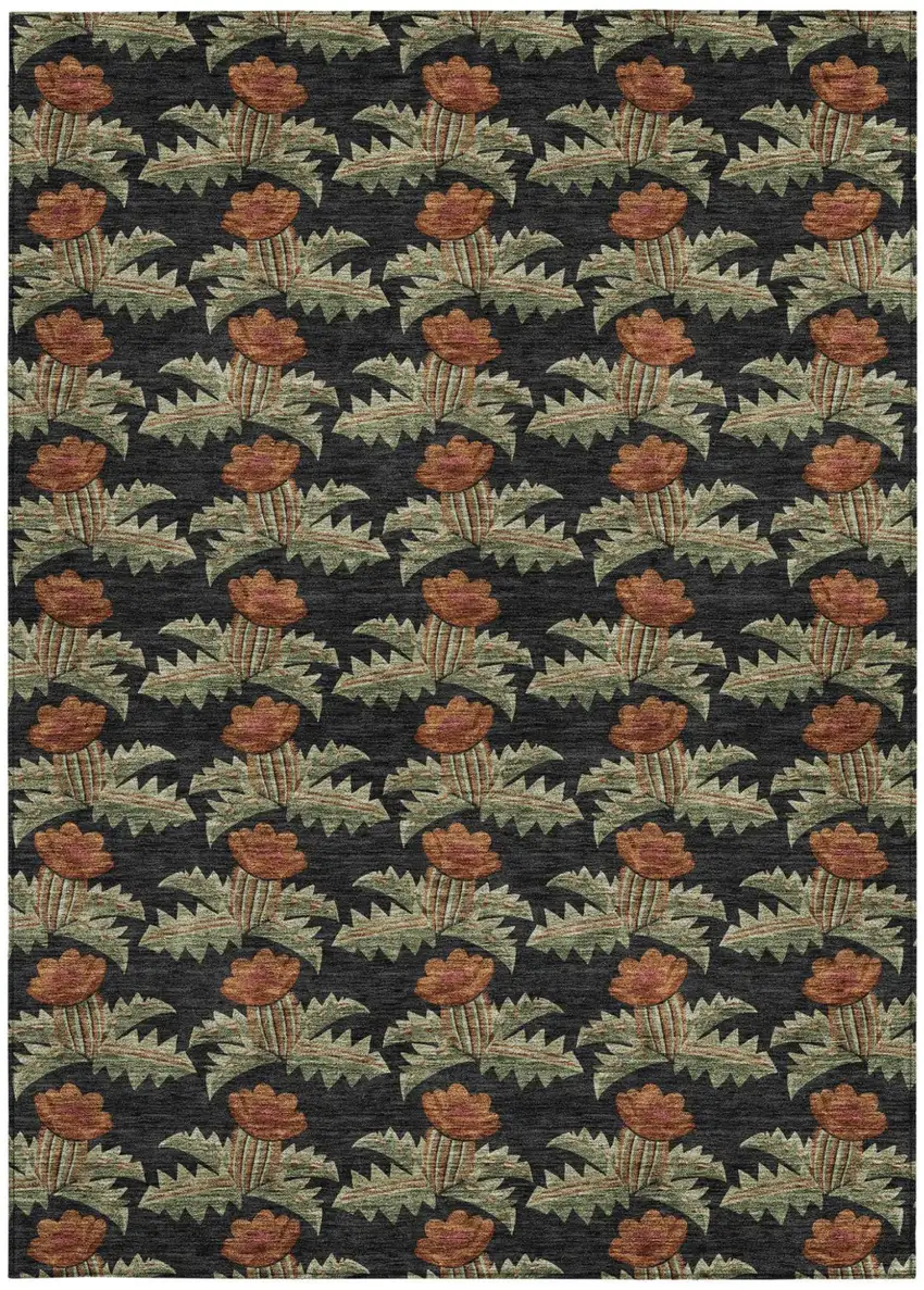 Black And Green Floral Washable Indoor Outdoor Area Rug Photo 4