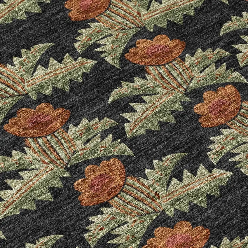 Black And Green Floral Washable Indoor Outdoor Area Rug Photo 8